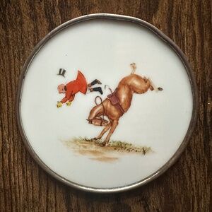 Cyril Gorainoff Sterling Silver Signed Milk Glass Coaster Fox Hunt Bucking Horse